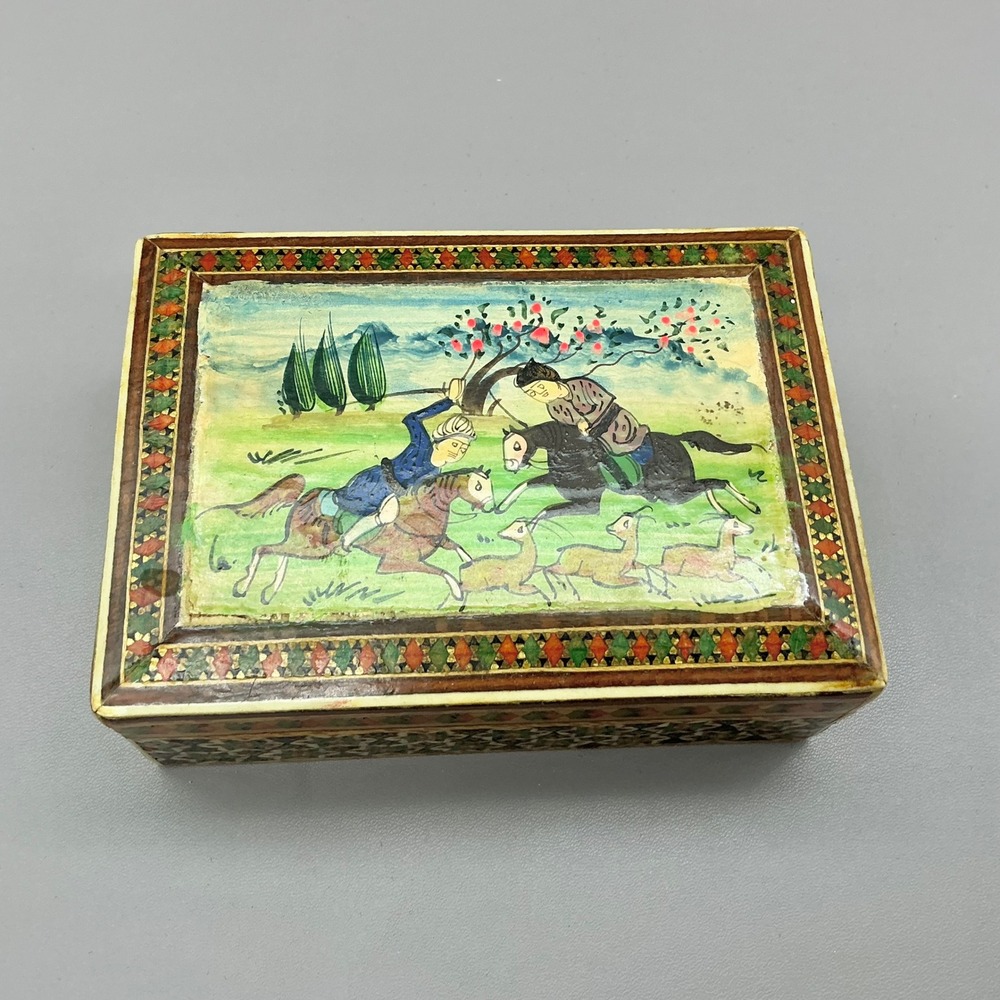 Persian Khatam Trinket Box Marquetry Hand Painted Hunting Scene Wood 4.25"
